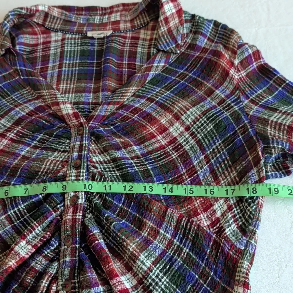 Pilcro Cinched Deep V Plaid Button Down Longsleeve Multicolor Boho Top Size L - Picture 5 of 11